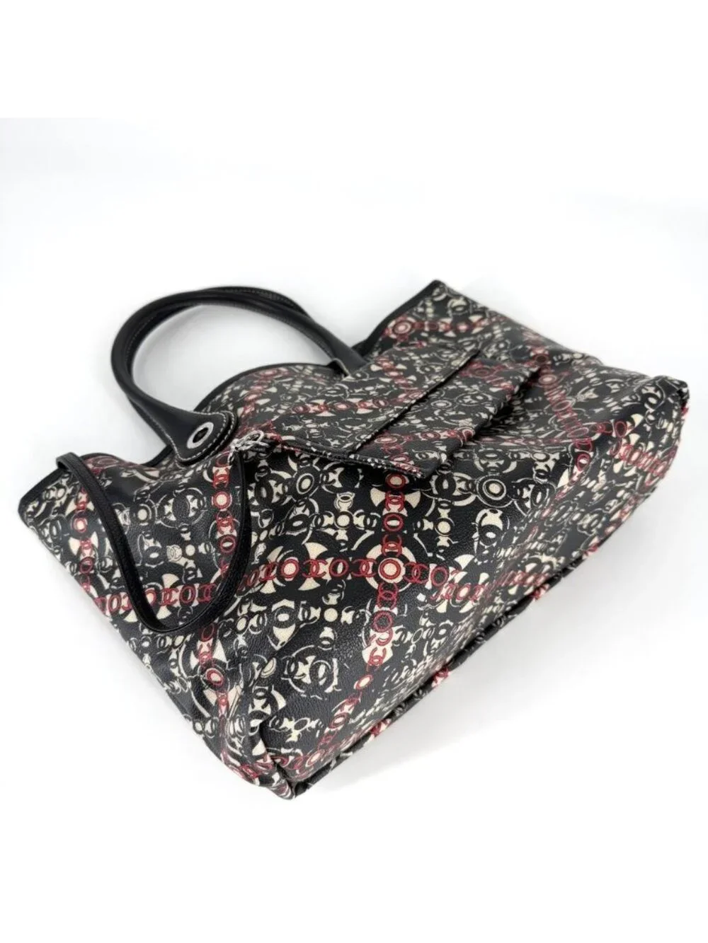 Chanel Tote Coco Travel Handbag CC Logo Shoulder Canvas Leather Black Red Silver